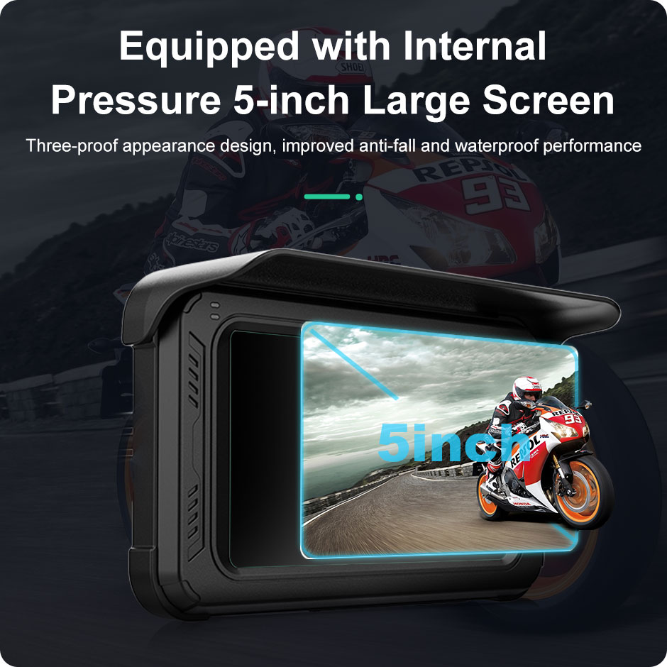 Motorcycle DVR with Wireless Apple Carplay, Android Auto, TPMS, 2K + 1080P  Cameras, GPS, G-Sensor, Siri & Google Voice | 5-Inch IPS Touch Screen,