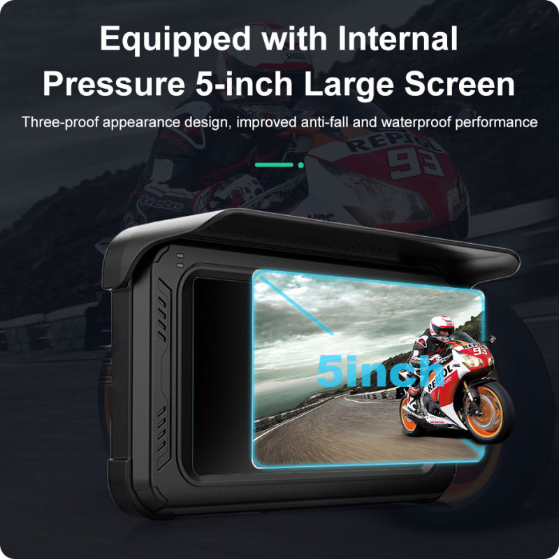 Motorcycle DVR with Wireless Apple Carplay, Android Auto, TPMS, 2K + 1080P Cameras, GPS, G-Sensor, Siri & Google Voice | 5-Inch IPS Touch Screen, WiFi, Bluetooth, Waterproof GreenYi