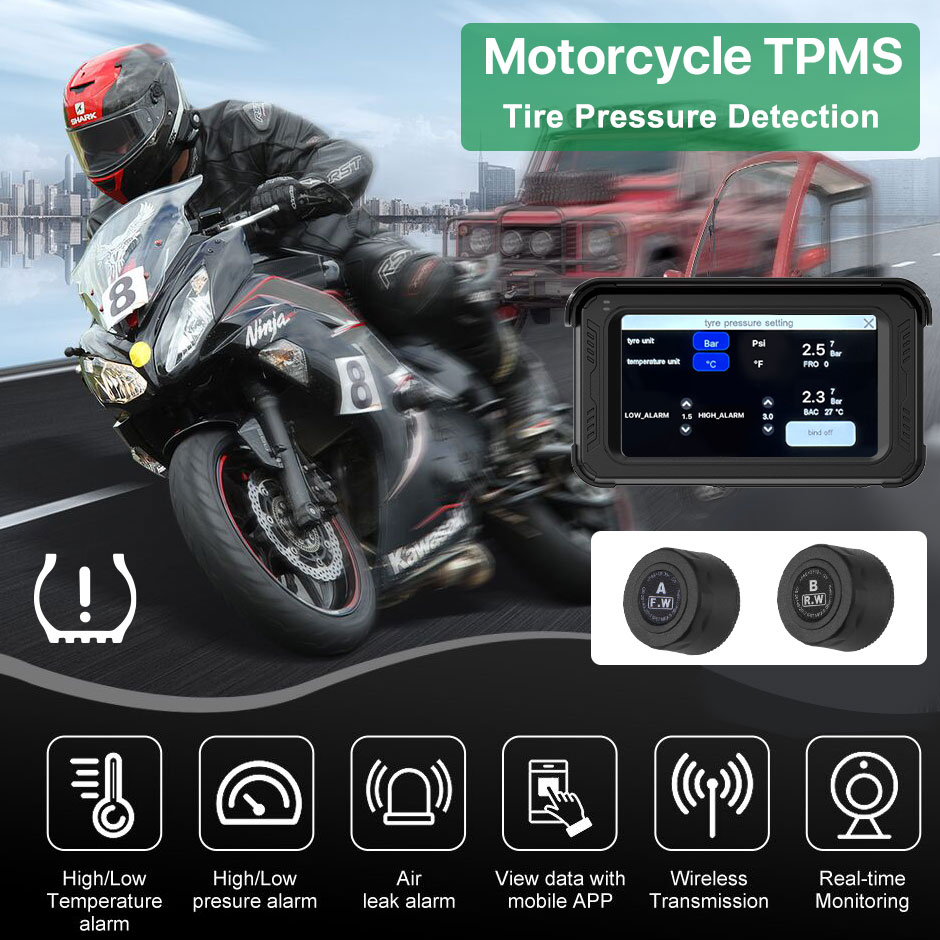 Motorcycle DVR with Wireless Apple Carplay, Android Auto, TPMS, 2K + 1080P  Cameras, GPS, G-Sensor, Siri & Google Voice | 5-Inch IPS Touch Screen,