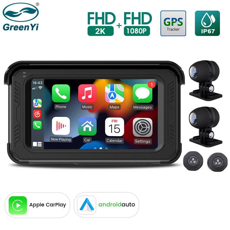 Motorcycle DVR with Wireless Apple Carplay, Android Auto, TPMS, 2K + 1080P  Cameras, GPS, G-Sensor, Siri & Google Voice | 5-Inch IPS Touch Screen,