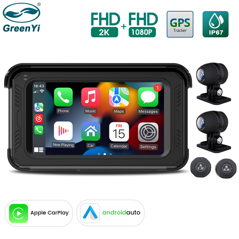 Motorcycle DVR with Wireless Apple Carplay, Android Auto, TPMS, 2K + 1080P Cameras, GPS, G-Sensor, Siri & Google Voice | 5-Inch IPS Touch Screen, WiFi, Bluetooth, Waterproof GreenYi