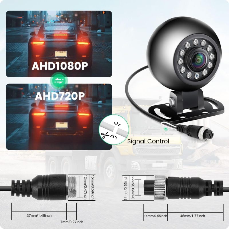 Universal Vehicle AHD 1080P Backup Camera, Reverse Rear Cam for Truck Bus Vans, IP 68 Waterproof IR Night Vision, Round Shape Adjustable Camera Body(Black)