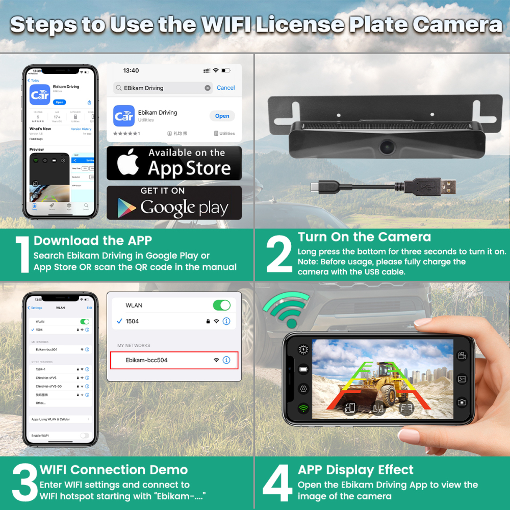 5G WiFi Wireless Solar Backup Camera, GreenYi HD 1080P Rear/Front License Cam with Built-in 4800mAh Battery for iPhone, iPad-Easy 3-Minute DIY Install for Car, Truck, Van, and RV
