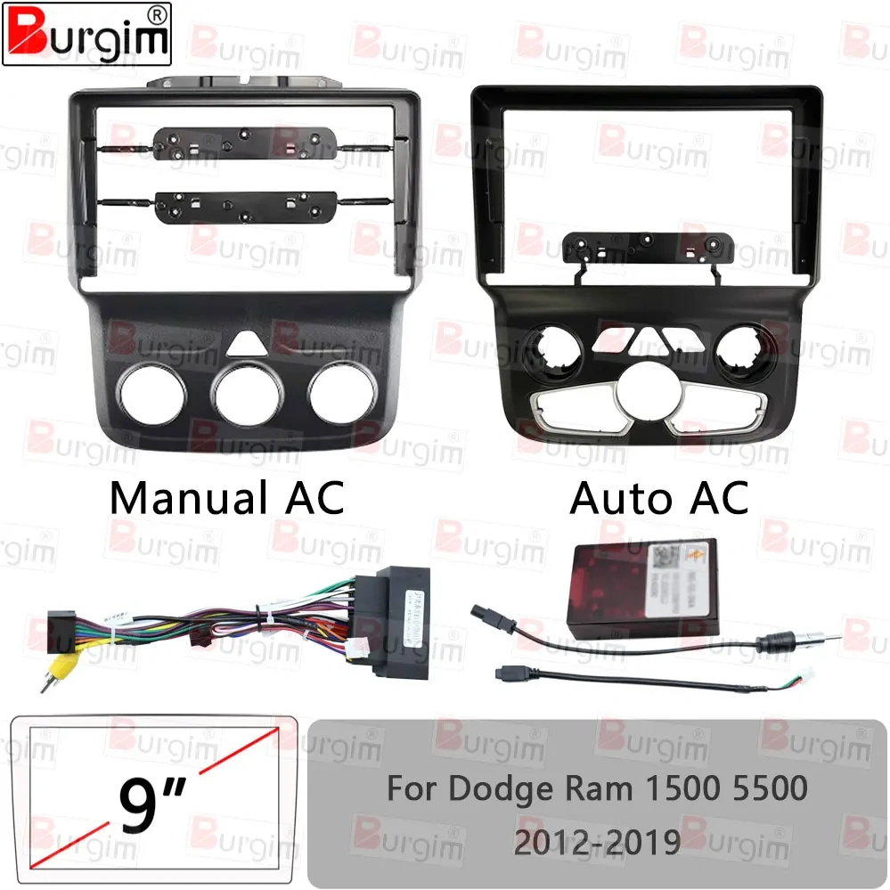 Car Radio Fascia Frame For Dodge Ram 1500 5500 2012-2019 9 inch 2DIN Stereo Panel Wiring Harness Power Cord Cable Canbus Decoder