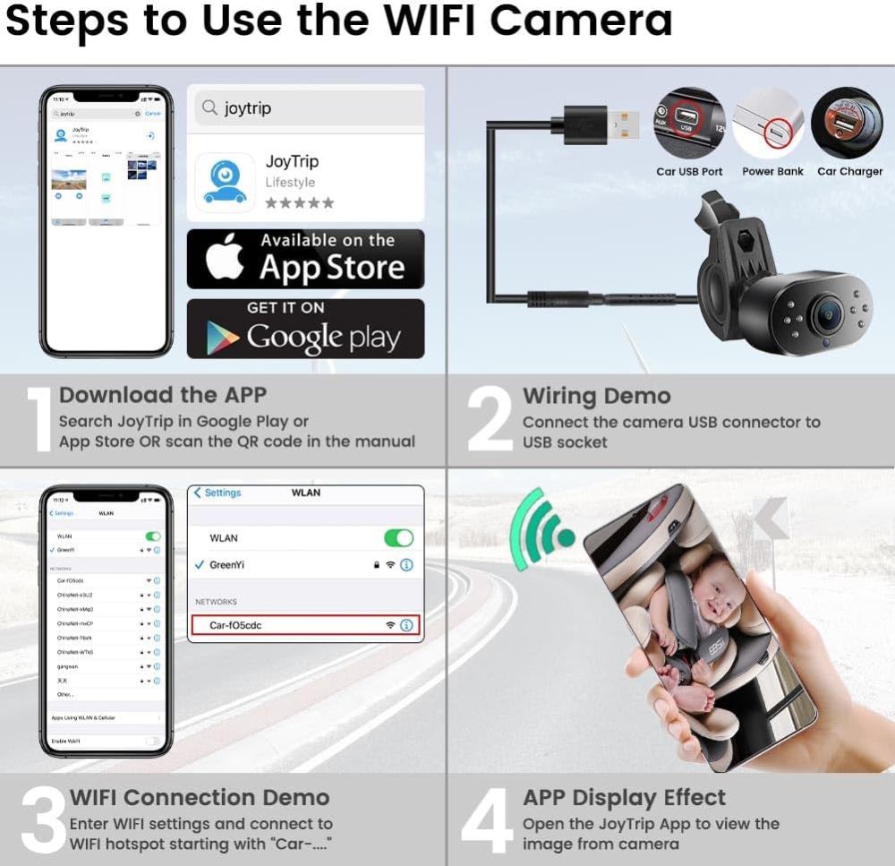 GreenYi WiFi Car Baby Camera with IR LEDs, Wireless to Monitor 720P HD Rear/Front View Reverse Camera for Aftermarket Android Radio Head Units iPhone iPad Android Smartphones Tablets