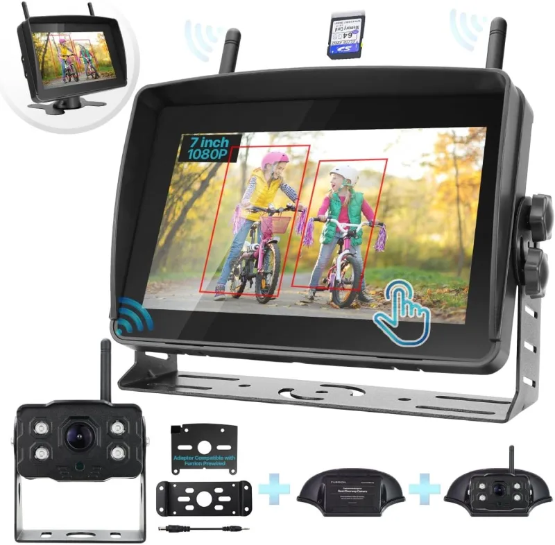 Wireless RV Backup Camera, Compatible with Furrion Pre-Wired Vehicles - GreenYi Cordless 7-Inch IPS Touchscreen Monitor with Loop Recording DVR, BSD, 64G Card, FHD 1080P IR Night Vision Camera
