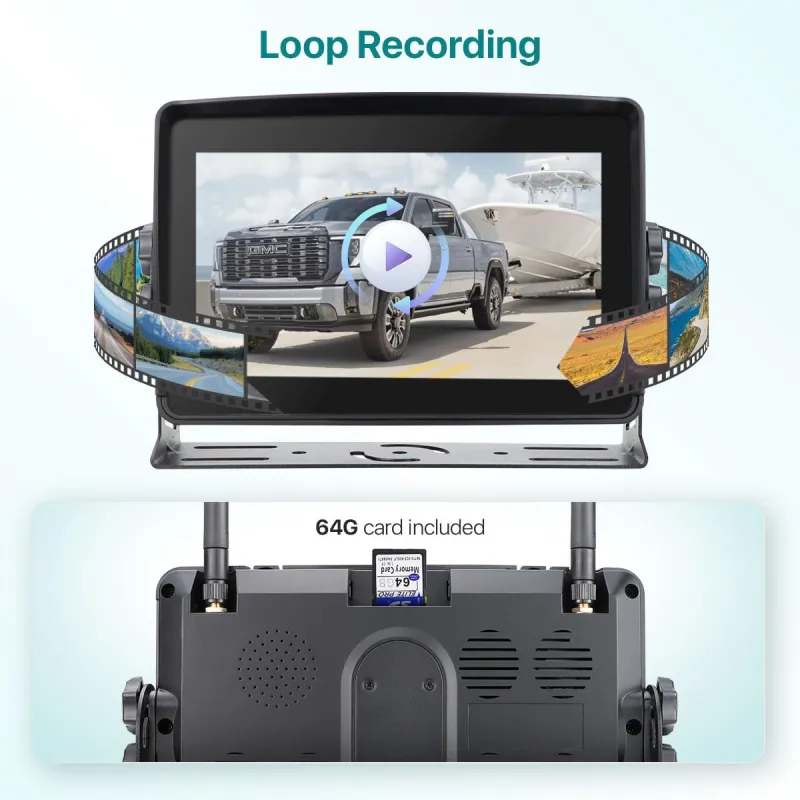 Wireless RV Backup Camera, Compatible with Furrion Pre-Wired Vehicles - GreenYi Cordless 7-Inch IPS Touchscreen Monitor with Loop Recording DVR, BSD, 64G Card, FHD 1080P IR Night Vision Camera