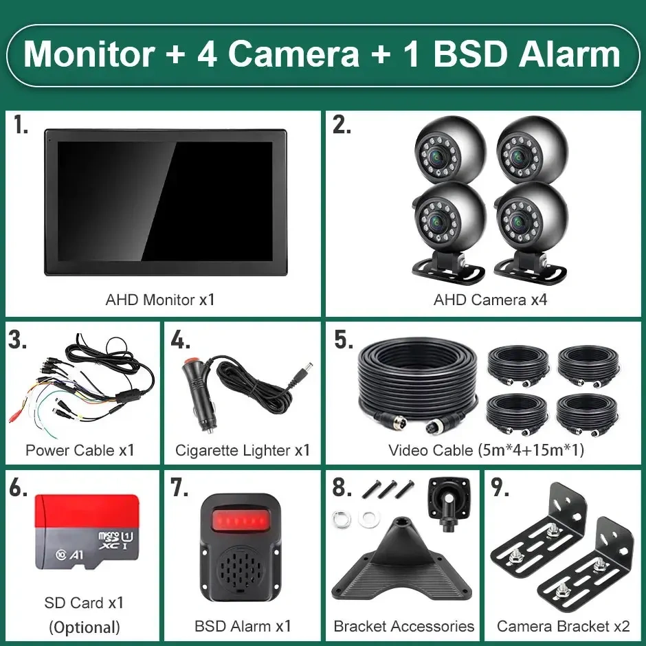 10" AHD 4CH Truck Monitor BSD Recording Car 1080P Round Stand Bracket Rear View Camera IR Night Vision Vehicle IPS Touch Screen