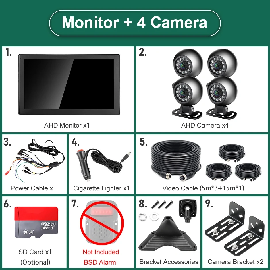 10" AHD 4CH Truck Monitor BSD Recording Car 1080P Round Stand Bracket Rear View Camera IR Night Vision Vehicle IPS Touch Screen
