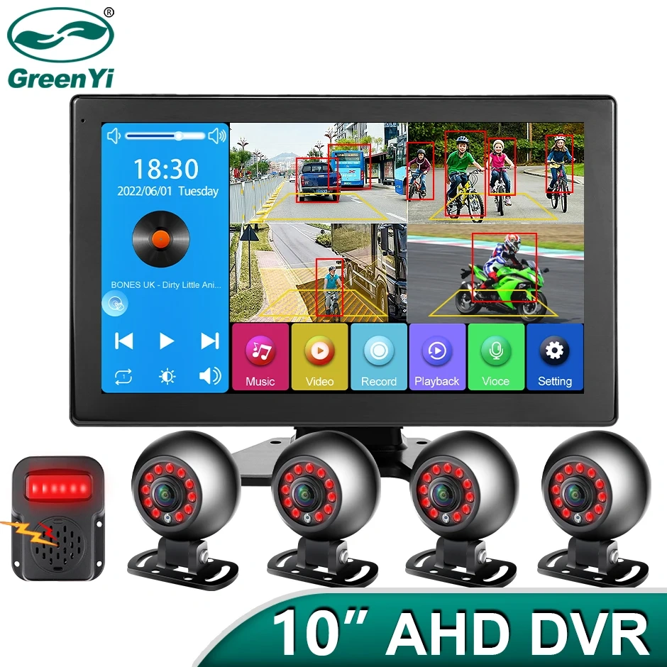 10" AHD 4CH Truck Monitor BSD Recording Car 1080P Round Stand Bracket Rear View Camera IR Night Vision Vehicle IPS Touch Screen