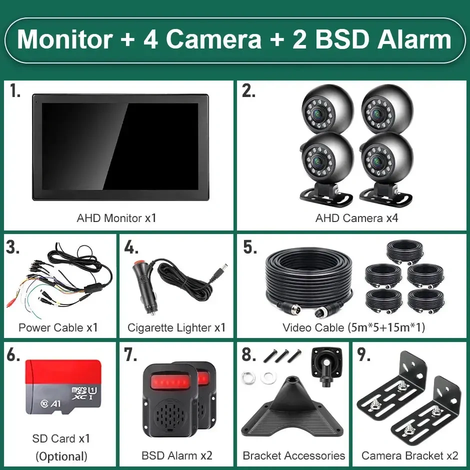 10" AHD 4CH Truck Monitor BSD Recording Car 1080P Round Stand Bracket Rear View Camera IR Night Vision Vehicle IPS Touch Screen