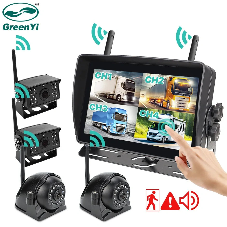 GreenYi 7 Inch BSD Wireless AHD Monitor Touch Screen DVR Record IR Night Vision Reverse Backup Camera 4CH For Truck/Bus/RV/SUV