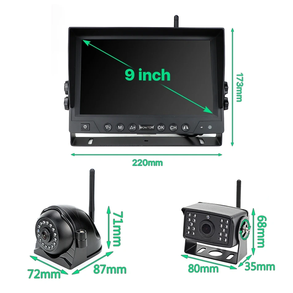 GreenYi Wireless AHD 9'' AI Blind Spot Radar BSD Alarm DVR Record Split Screen 4 CH Monitor with IR Camera For Truck Bus Trailer