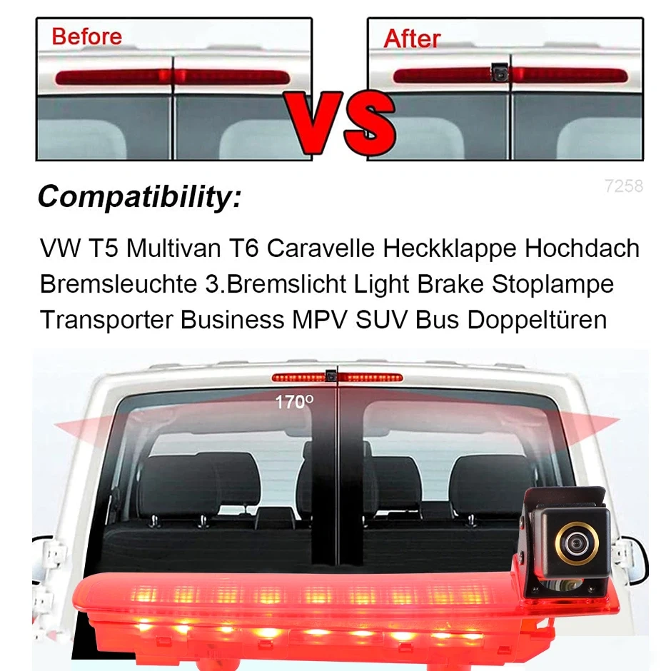 GreenYi AHD 1080P 170° Fisheye Lens LED Brake Light Vehicle Rear View Camera For VW Transporter T5 T6 Van 2010 2019