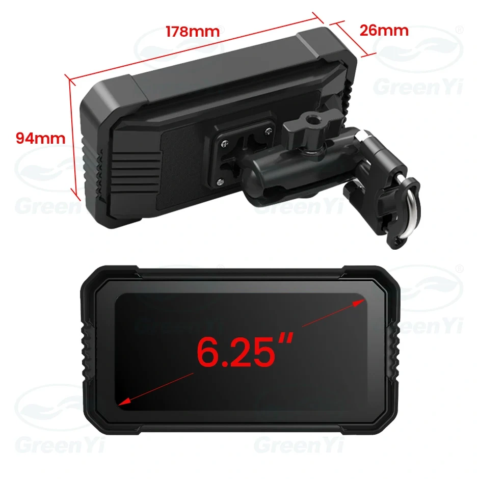 GreenYi 6.25 Inch Motorcycle Wireless Apple Carplay GPS Navigation Android Auto DVR 1080 IP67 Waterproof Camera Portable Display