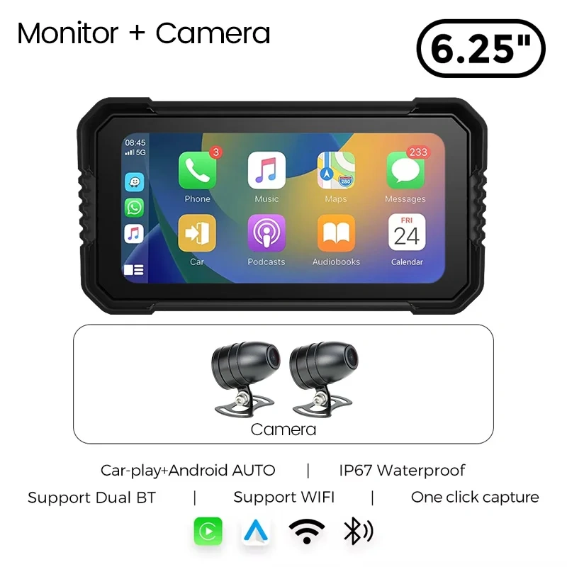 GreenYi 6.25 Inch Motorcycle Wireless Apple Carplay GPS Navigation Android Auto DVR 1080 IP67 Waterproof Camera Portable Display