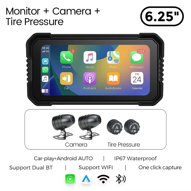 GreenYi 6.25 Inch Motorcycle Wireless Apple Carplay GPS Navigation Android Auto DVR 1080 IP67 Waterproof Camera Portable Display