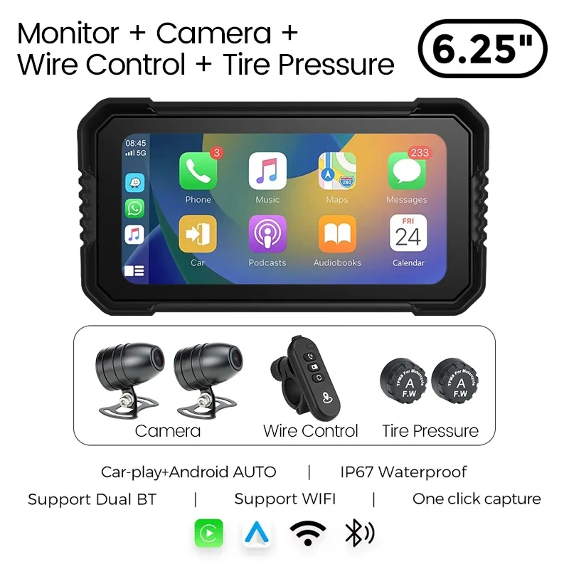 GreenYi 6.25 Inch Motorcycle Wireless Apple Carplay GPS Navigation Android Auto DVR 1080 IP67 Waterproof Camera Portable Display
