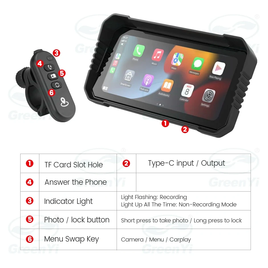 GreenYi 6.25 Inch Motorcycle Wireless Apple Carplay GPS Navigation Android Auto DVR 1080 IP67 Waterproof Camera Portable Display