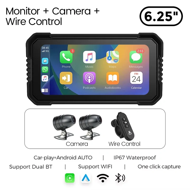 GreenYi 6.25 Inch Motorcycle Wireless Apple Carplay GPS Navigation Android Auto DVR 1080 IP67 Waterproof Camera Portable Display