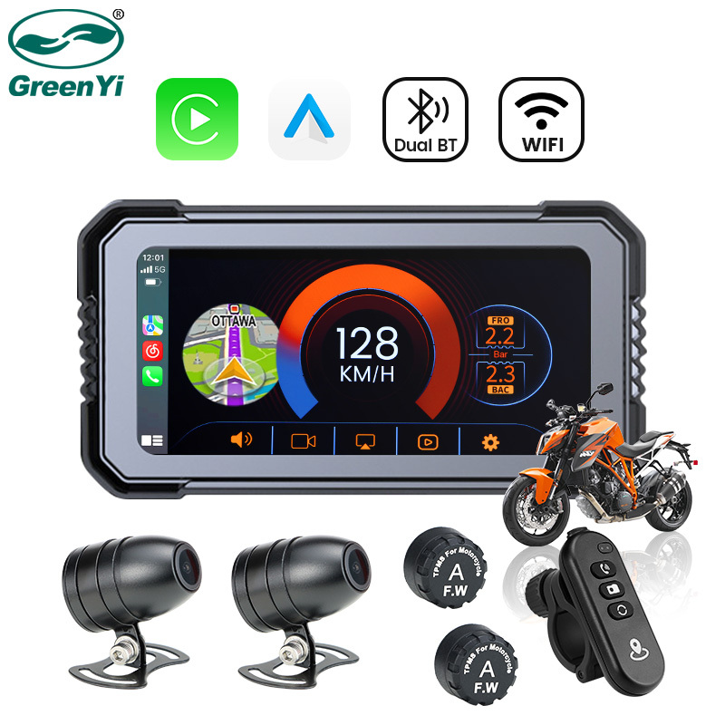 GreenYi 6.25 Inch Motorcycle Wireless Apple Carplay GPS Navigation Android Auto DVR 1080 IP67 Waterproof Camera Portable Display