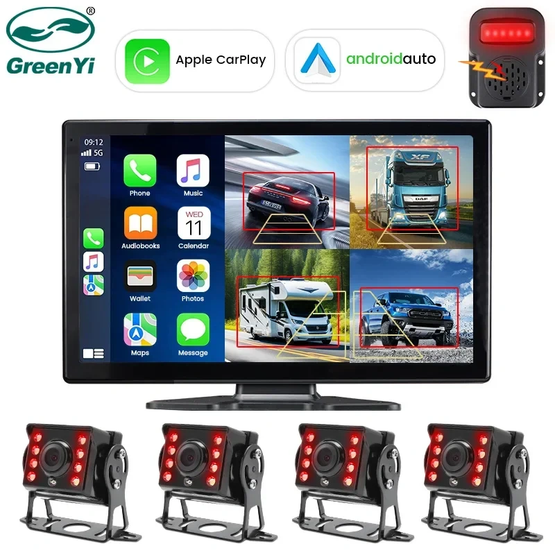 10.1 Inch Touch Screen 4CH Wireless Apple Carplay Android-Auto Car GPS Monitor Blind Spot Alarm Truck DVR Recorder 1080P Camera
