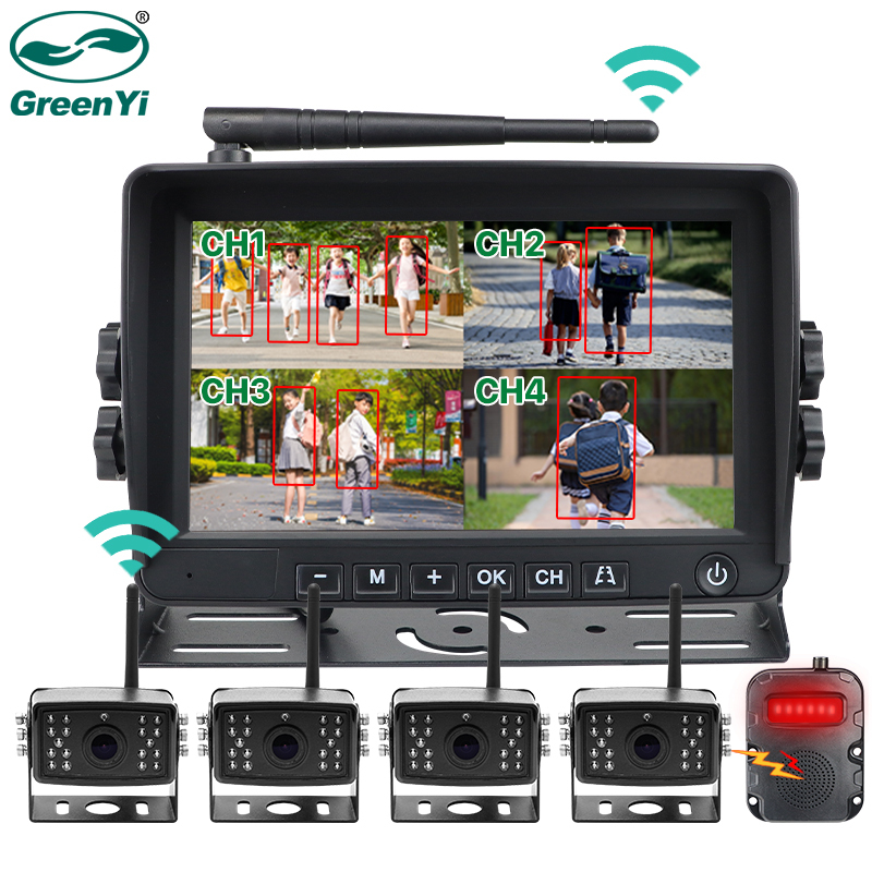 GreenYi AHD 7'' Wireless Blind Spot Radar BSD Alarm DVR Record Split Screen IPS Monitor Wifi IR Camera For Car Truck Bus Vans RV
