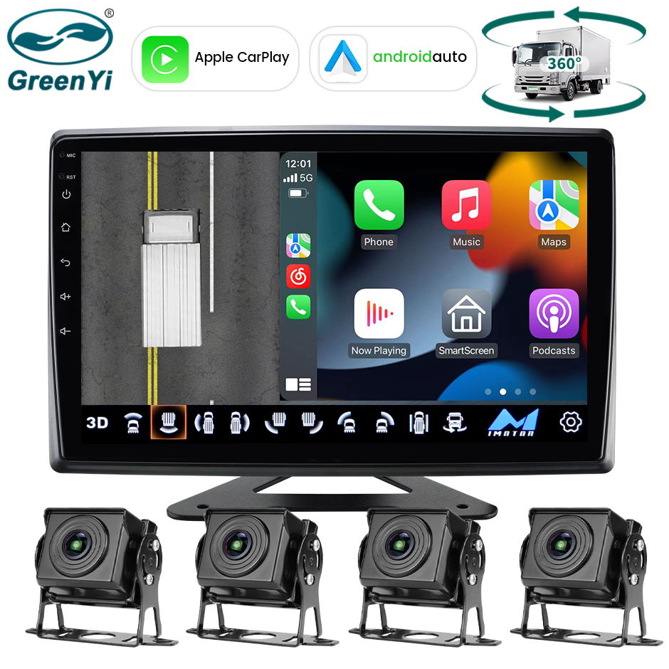 GreenYi 10" 4CH Apple CarPlay & Android Auto Touch-Screen DVR Monitor with 3D 360° Panoramic and AHD 1080P Camera