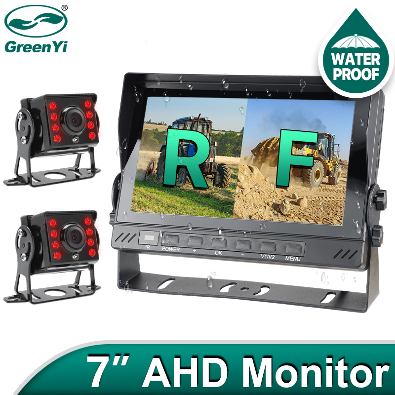 GreenYi IPS 7" AHD1080 IP66 Waterproof Monitor 2CH Split Screen DVR Recorder Front Rear View Vehicle IR Camera For Truck Bus Car