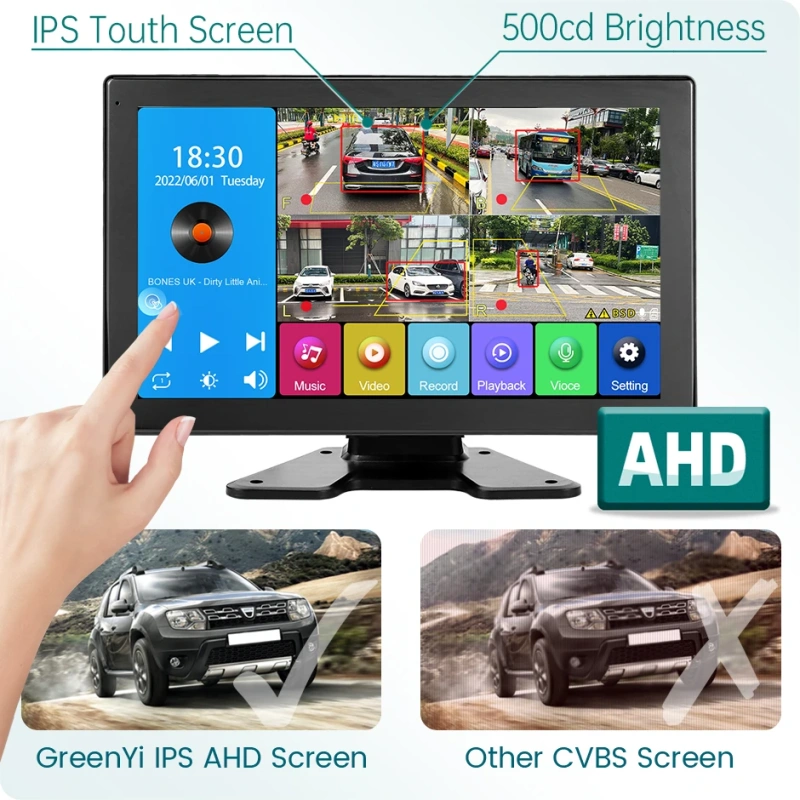 GreenYi BSD 10.1" AHD 4CH Touch Screen IPS Monitor Blind Spot Radar Alarm Recorder DVR With 1080P Front/Side/Rear Camera Vehicle