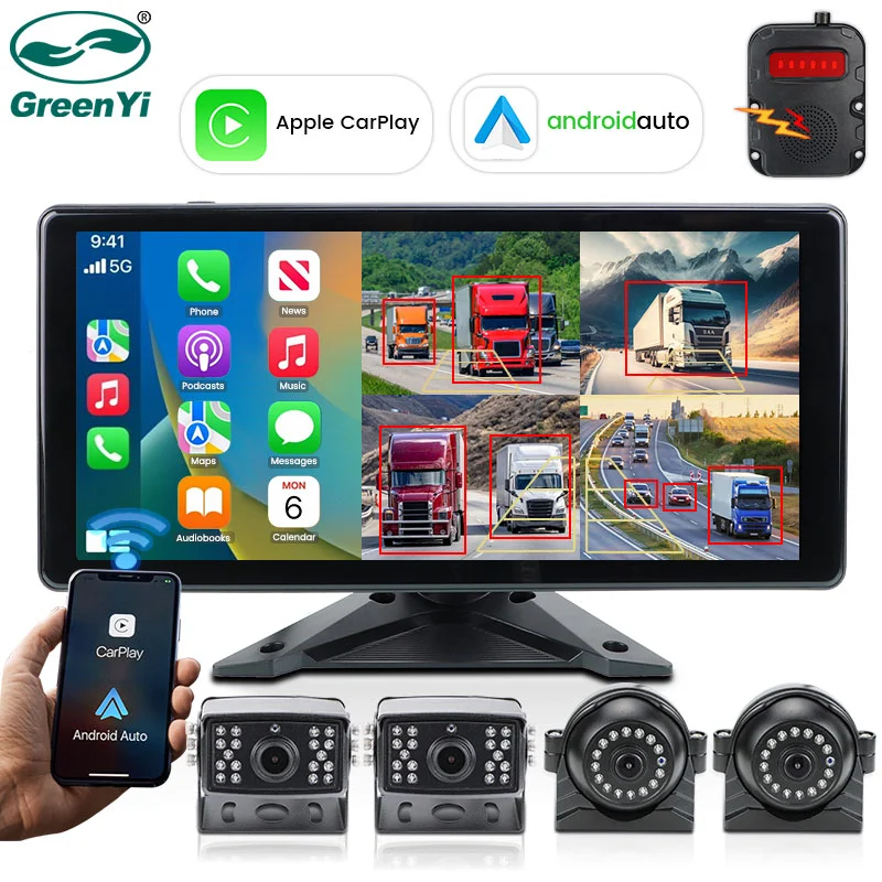 GreenYi 10.36" DashCam GPS Navigation Wireless Apple Carplay and Android-Auto Blind Spot Detect BSD DVR Record Monitor IR Camera