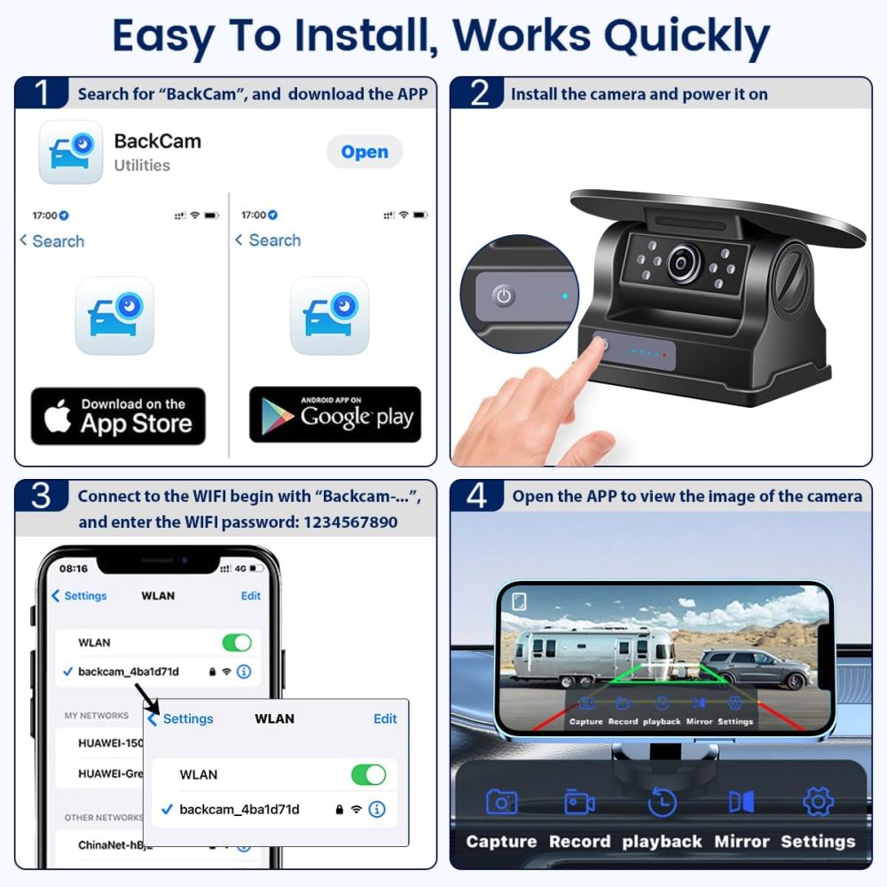 BSD WiFi Solar Magnetic Hitch Camera, GreenYi Wireless 720P Blind Spot Detection Backup Cam with Rechargeable Battery for iPhone iPad Android Phone Tablet, Hitching of Trailer, Fifth Wheels, Camper