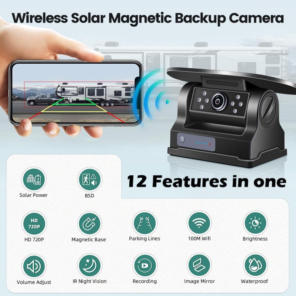 BSD WiFi Solar Magnetic Hitch Camera, GreenYi Wireless 720P Blind Spot Detection Backup Cam with Rechargeable Battery for iPhone iPad Android Phone Tablet, Hitching of Trailer, Fifth Wheels, Camper