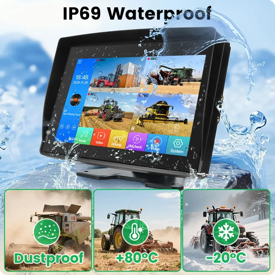 9'' AHD 4 Channel Waterproof Blind Spot BSD Alarm DVR Recorder Monitor For Forklift Excavator Agricultural SUV Engineering Vehic