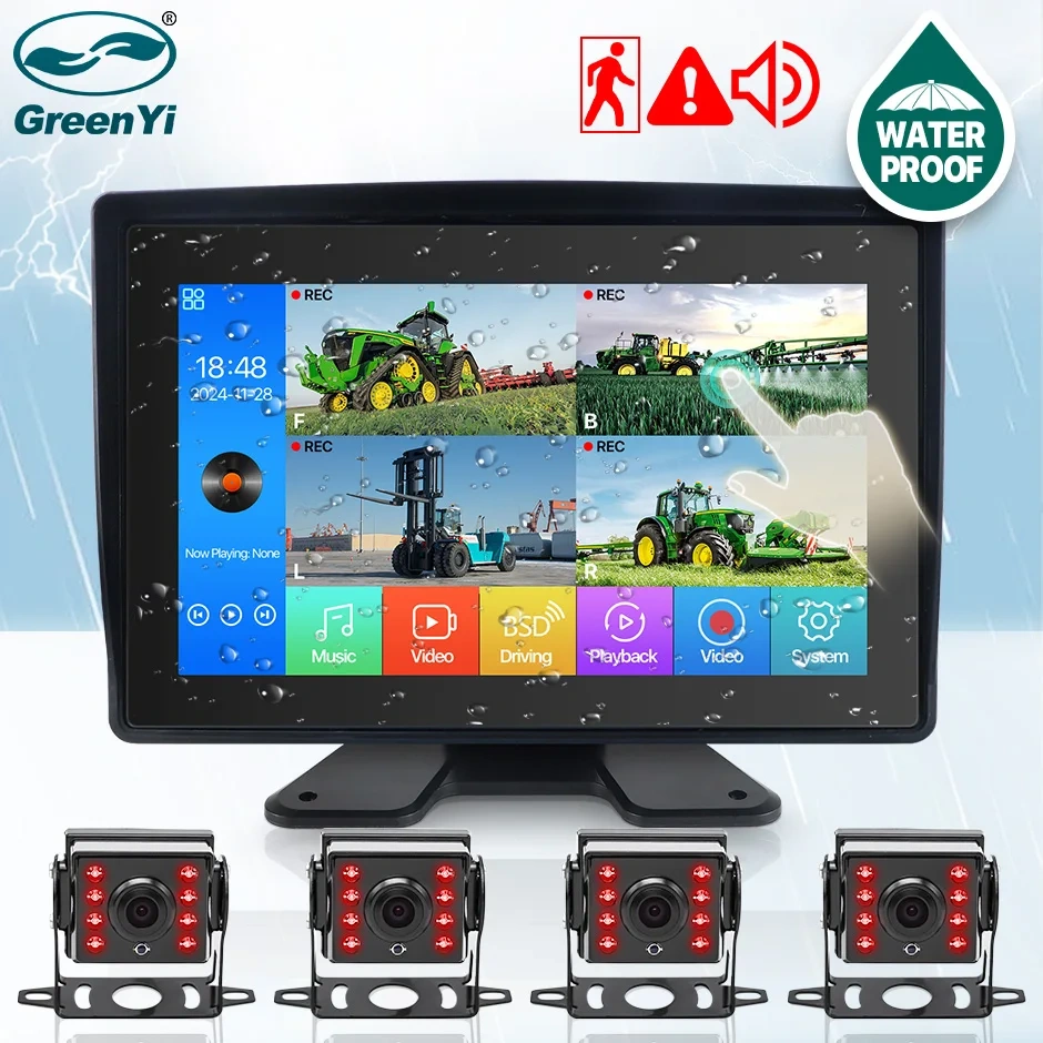 9'' AHD 4 Channel Waterproof Blind Spot BSD Alarm DVR Recorder Monitor For Forklift Excavator Agricultural SUV Engineering Vehic