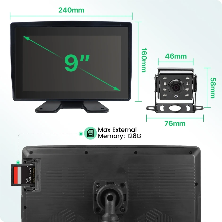 9'' AHD 4 Channel Waterproof Blind Spot BSD Alarm DVR Recorder Monitor For Forklift Excavator Agricultural SUV Engineering Vehic