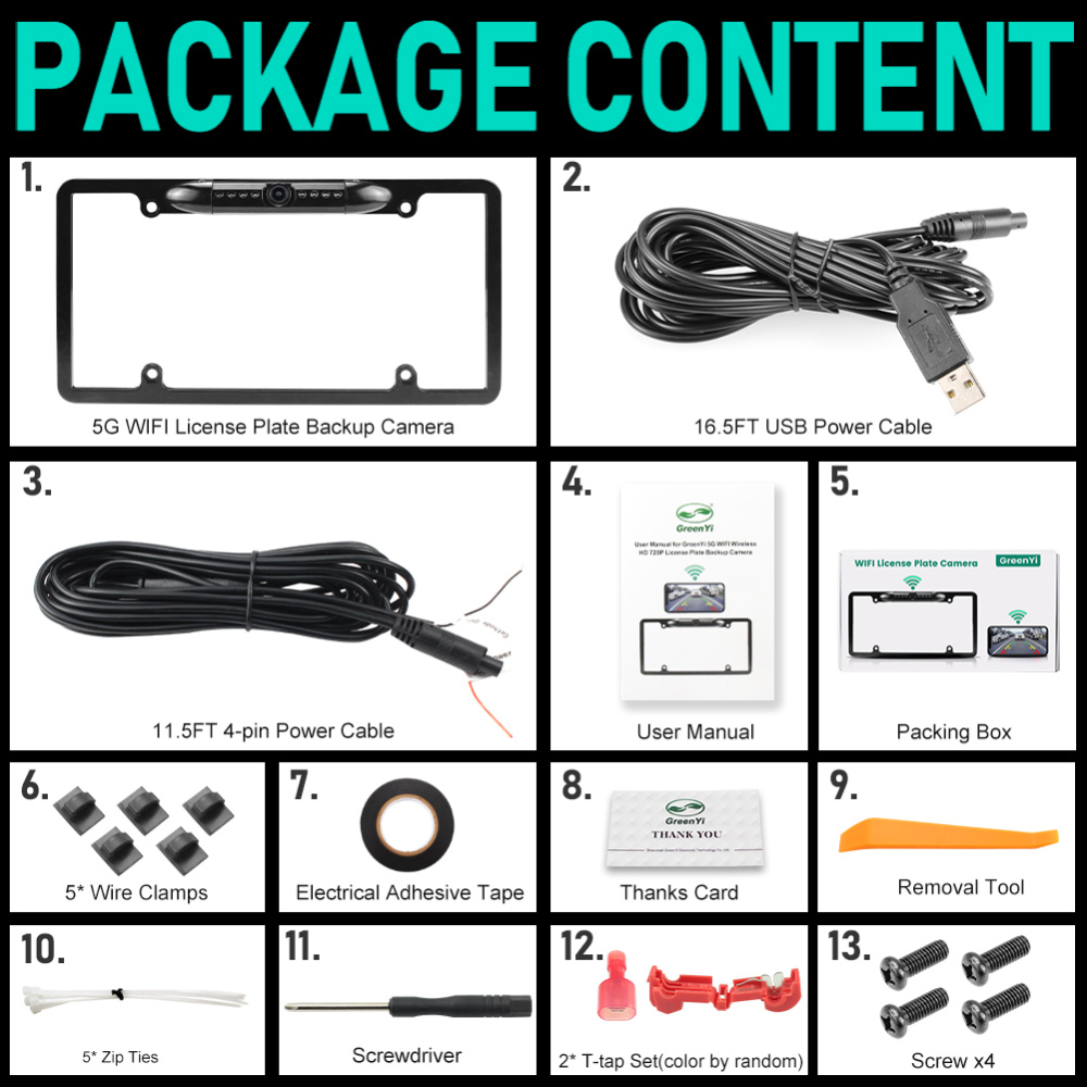 WiFi Car Backup Camera, GreenYi 5G 720P HD Car License Plate Rear/Front View Reverse Camera for iPhone iPad Android Smart Phones Tablets Which Support Double Band WiFi