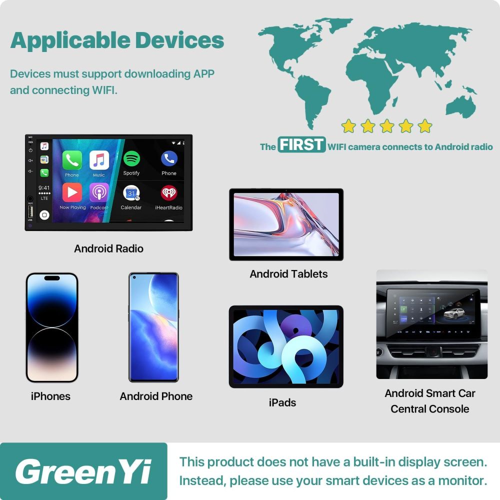 WiFi Car License Plate Backup Camera, GreenYi Wireless to Monitor 720P HD Rear/Front View Reverse Camera for Aftermarket Android Radio Head Units iPhone iPad Android Smartphones Tablets