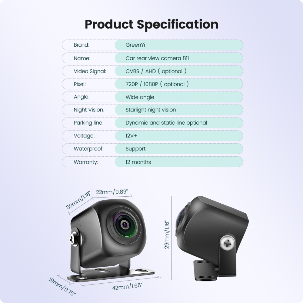 GreenYi AHD1080P Vehicle Car Rear View Camera 170° Fisheye Night Vision Waterproof Front Side Backup Universal Dynamic Optional