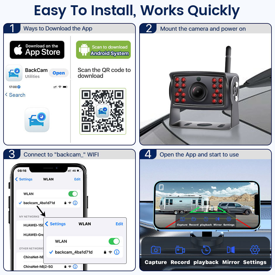 Iphone/Andrio 2K Video Wireless WiFi APP BSD Car Reverse Backup Camera Vehicle DVR Dash Camera For Truck/RV/Camper/Trailer