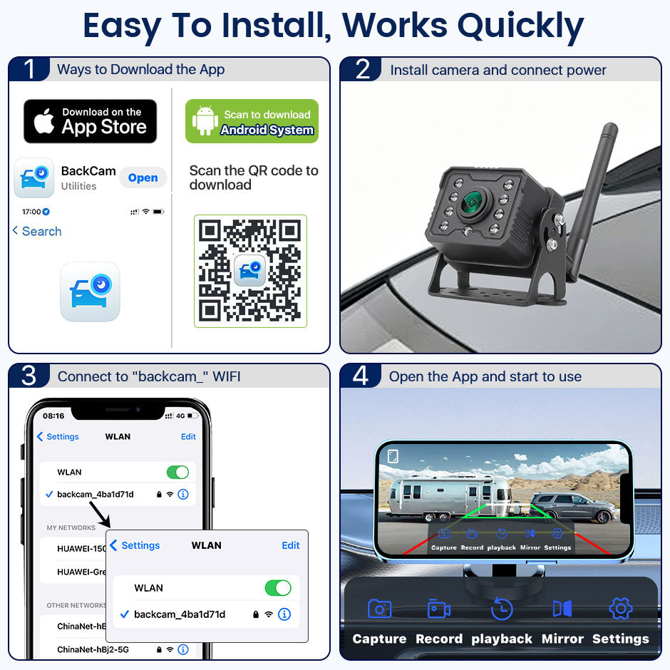 GreenYi AHD 720P WiFi Wireless BSD Backup Camera DVR for Truck RV Trailer, Rechargeable, Works with iPhone Android