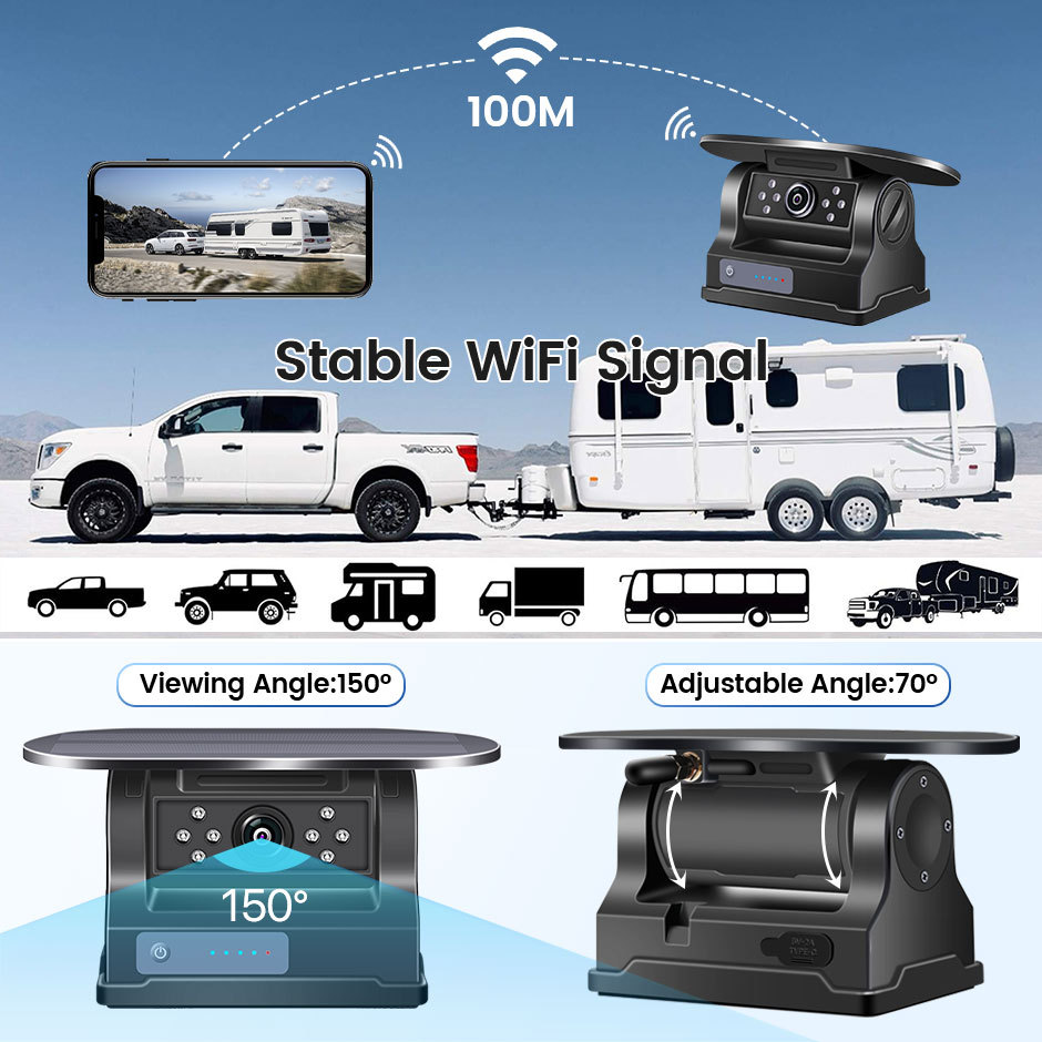 5G WiFi HD Solar Car Camera 100M Magnetic Base Wireless AI Blind Spot Alarm Backup For Bus Van Truck RV Front Rear View DVR