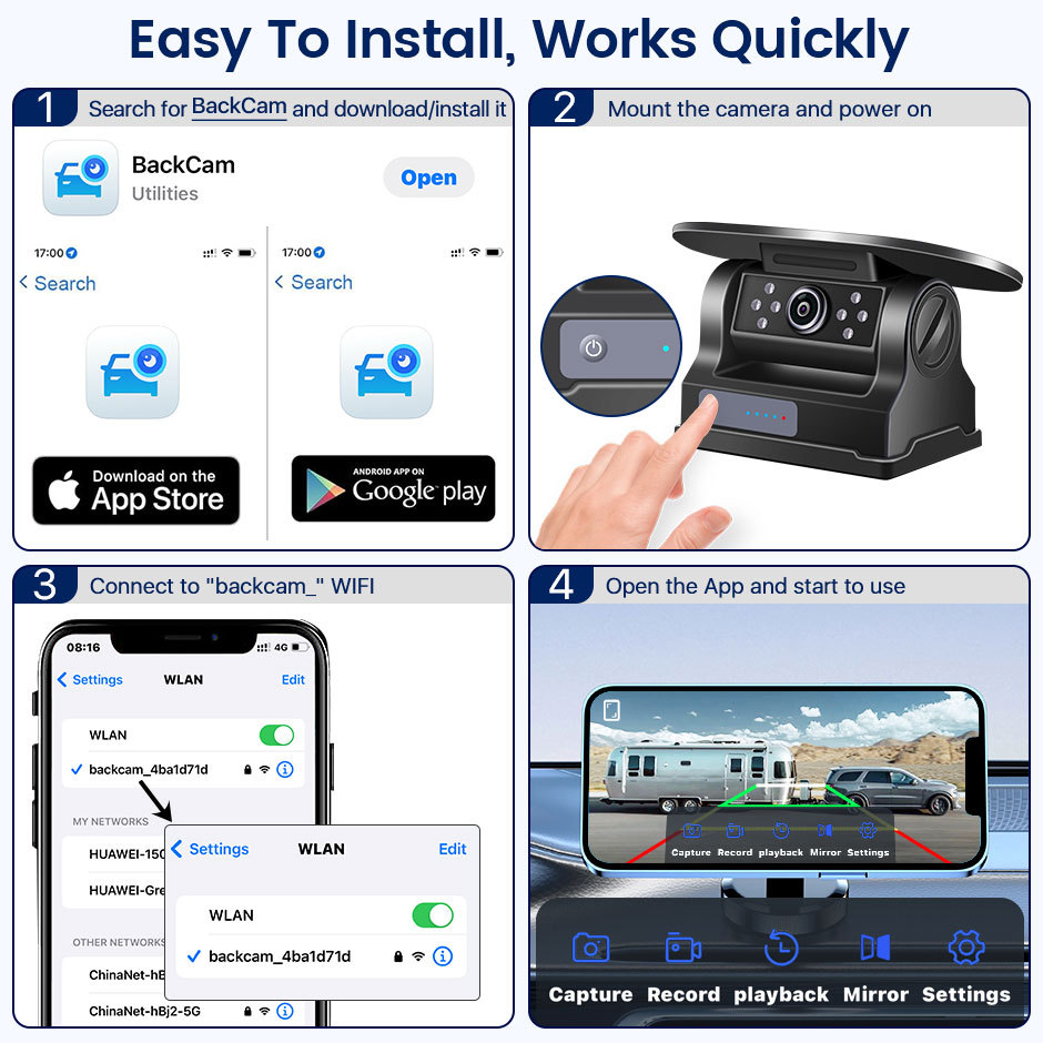 5G WiFi HD Solar Car Camera 100M Magnetic Base Wireless AI Blind Spot Alarm Backup For Bus Van Truck RV Front Rear View DVR