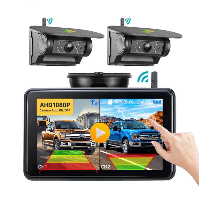 2 Magnetic Solar Charging Wireless Parking Camera with 7'' DVR Monitor BSD Blind Spot Alarm, for Trucks/RV/Trailer/Forklift