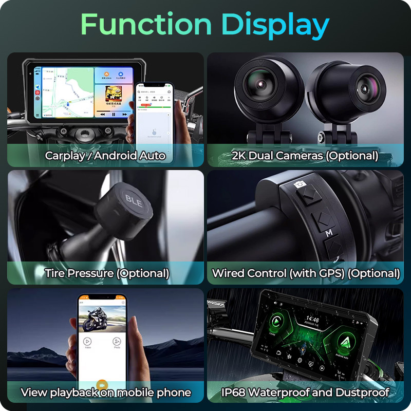 GreenYi 6'' Motorbike PND for Motocycle Multimedia Player GPS Navigation Wireless CarPlay Android Auto Display DVR Dash Cam TPMS Monitor