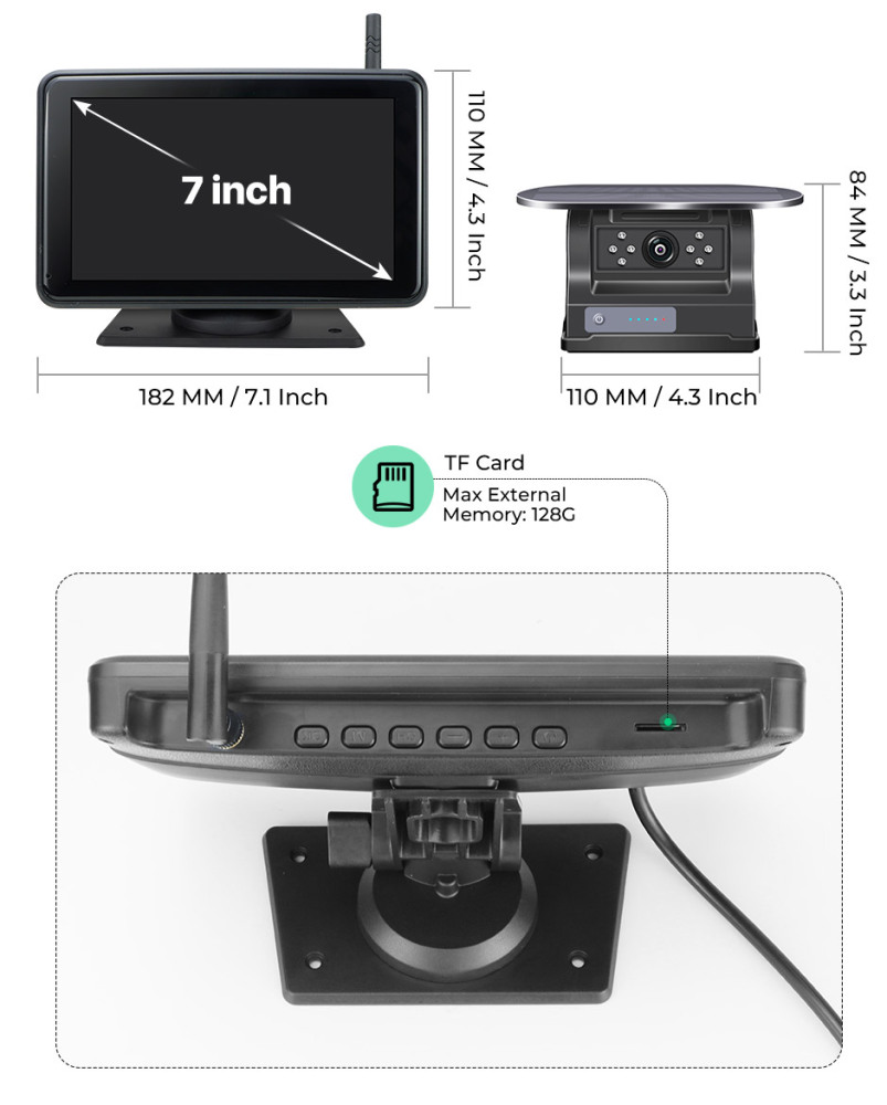 2 Magnetic Solar Charging Wireless Parking Camera with 7'' DVR Monitor BSD Blind Spot Alarm, for Trucks/RV/Trailer/Forklift