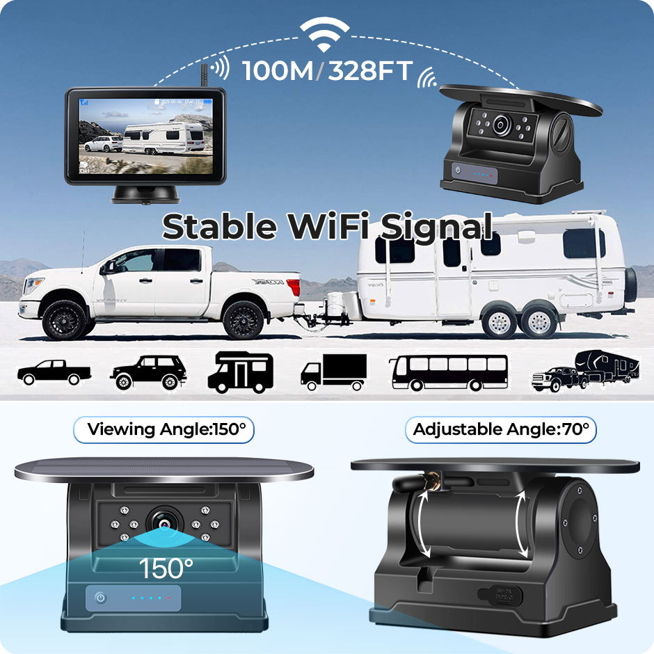 2 Magnetic Solar Charging Wireless Parking Camera with 7'' DVR Monitor BSD Blind Spot Alarm, for Trucks/RV/Trailer/Forklift