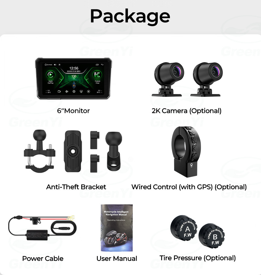 GreenYi 6'' Motorbike PND for Motocycle Multimedia Player GPS Navigation Wireless CarPlay Android Auto Display DVR Dash Cam TPMS Monitor
