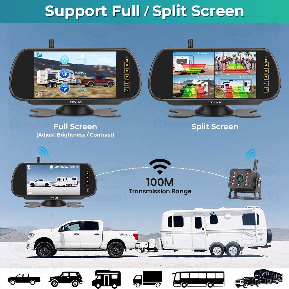 7 Inch Wireless AHD1080P BSD Mirror Car Monitor DVR Recorder With Reverse Backup Camera for Truck RV Trailer Camper Pickups