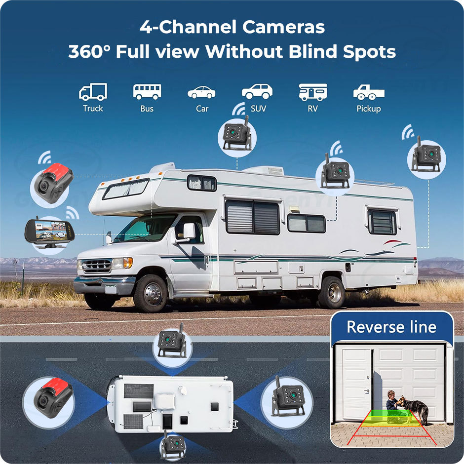 7 Inch Wireless AHD1080P BSD Mirror Car Monitor DVR Recorder With Reverse Backup Camera for Truck RV Trailer Camper Pickups